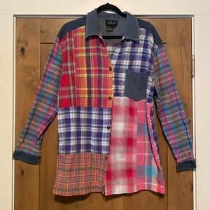 Carole Little Mixed Media Patchwork Blouse Top Womens 12 Madras Plaid Button up